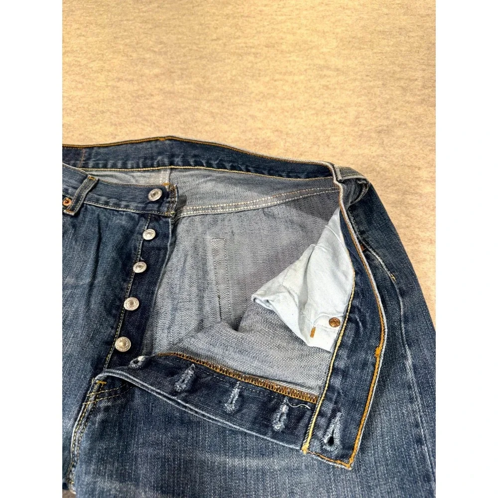 Levis 501 Straight Fit Jeans Mens 36x32 Blue Whiskering Denim Cotton Button Fly